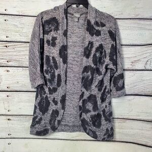 Vanity Women's Small Leopard Print Open Front Cardigan Gray Black 3/4 Sleeve Kni
